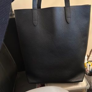 Cuyana Tall Structured Leather Tote in black pebbled leather with red interior